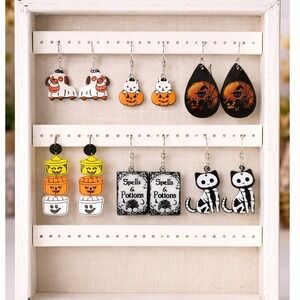 Halloween Earring Lot 6 Pairs Gothic Black Cat Skeleton Ghost Dog Spells Potions